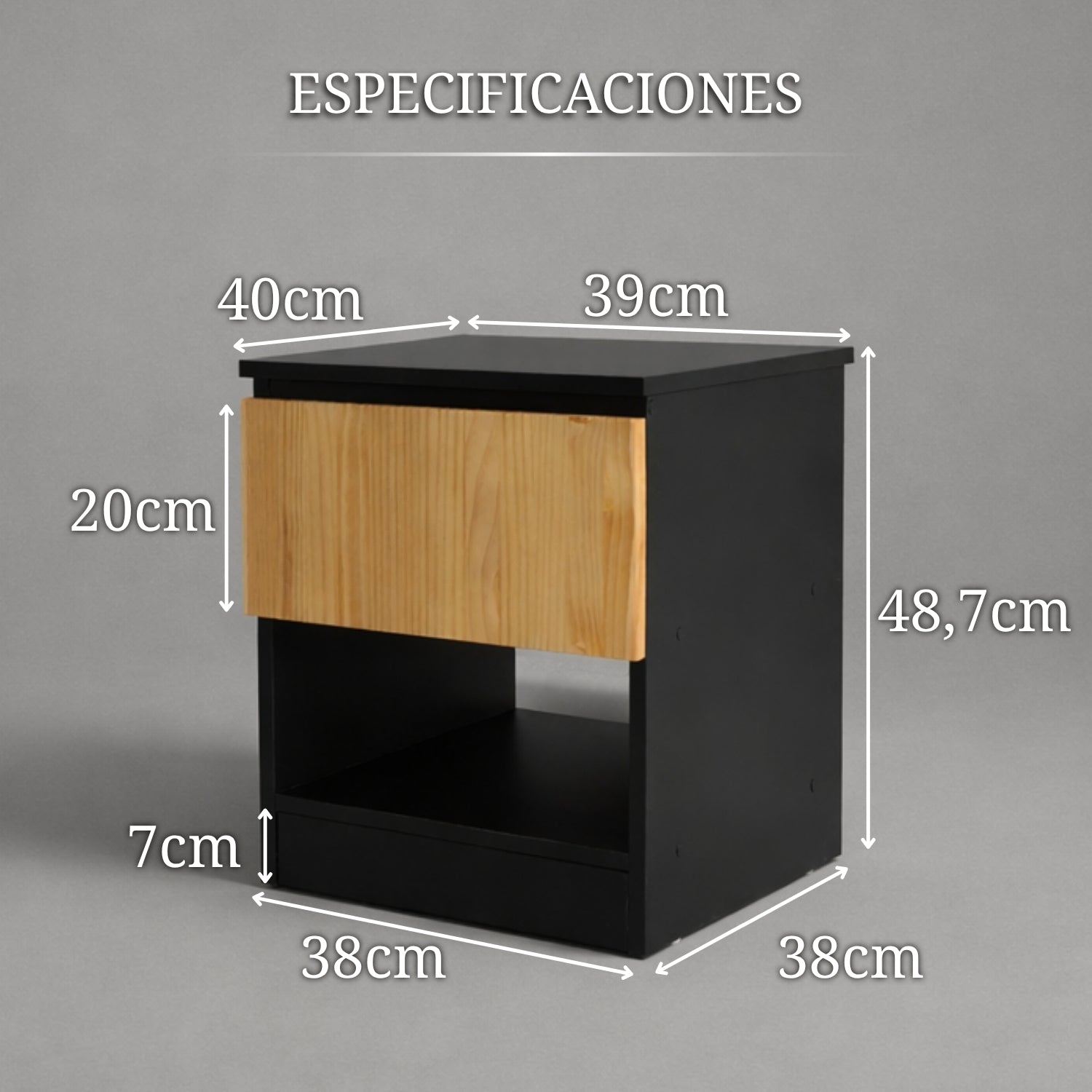mesita de noche negra con frontal de madera medidas 48 cm alto 40 cm ancho 38 cm fondo con compartimento secreto