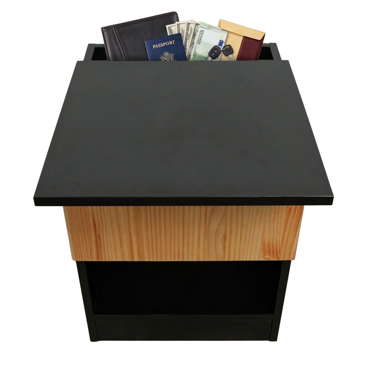 mesita de noche negra con frontal de madera y compartimento secreto superior para ocultar dinero documentos y objetos de valor