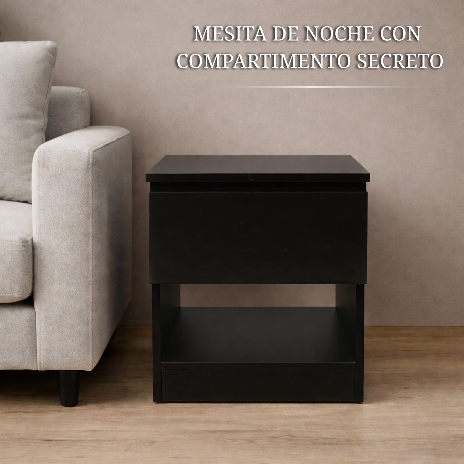mesilla negra con escondite secreto integrada en dormitorio con acceso oculto y diseño discreto