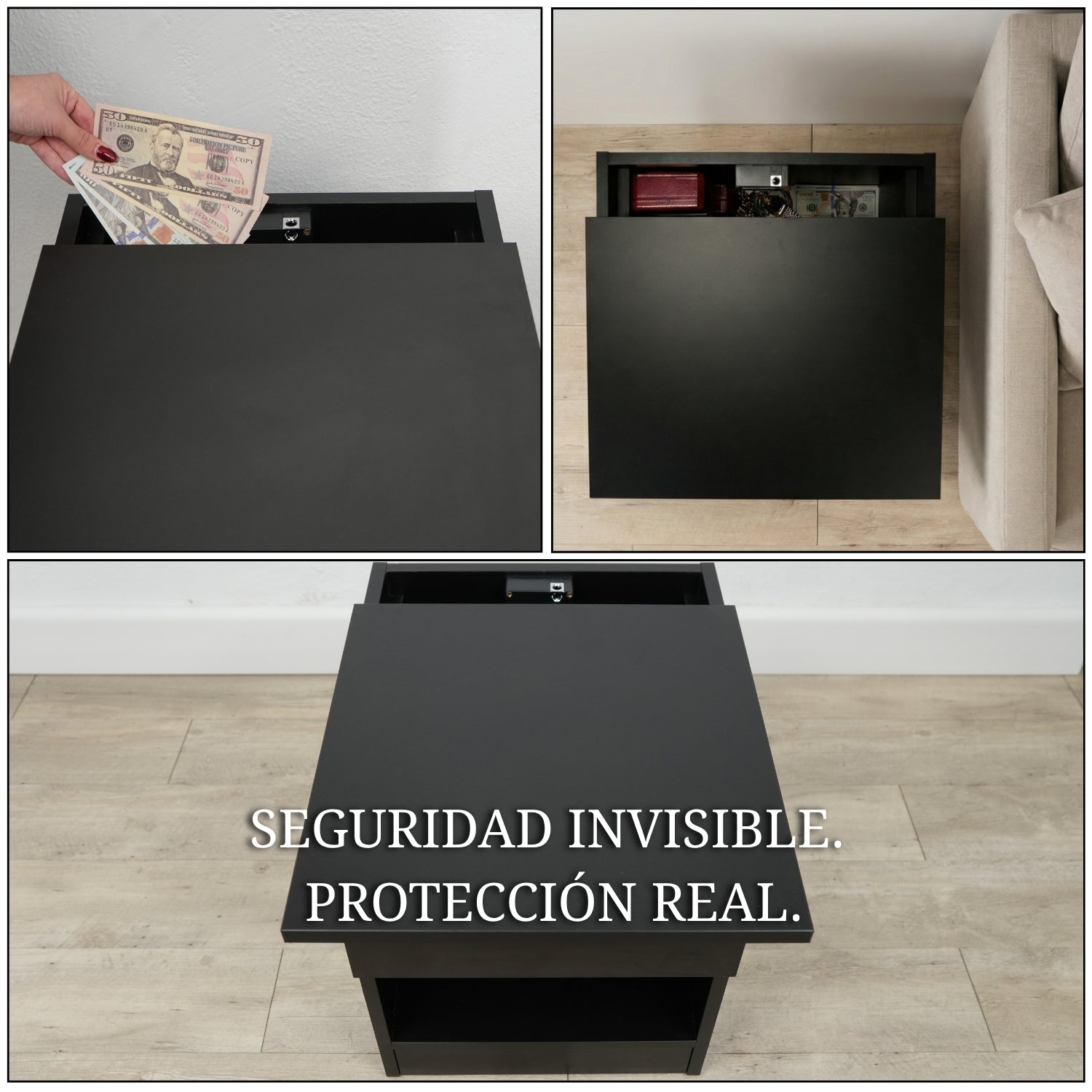 mesita de noche negra con compartimento secreto abierto mostrando espacio oculto para guardar dinero relojes y objetos de valor