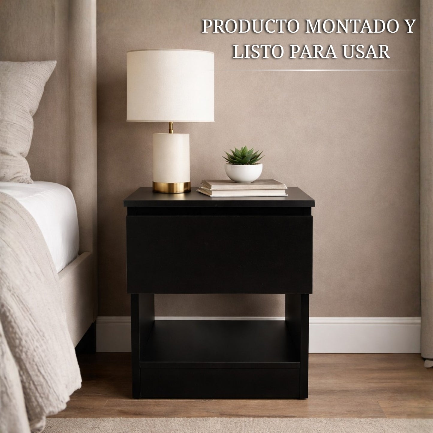 mesilla negra con compartimento oculto junto a la cama con estilo elegante y espacio secreto para objetos de valor