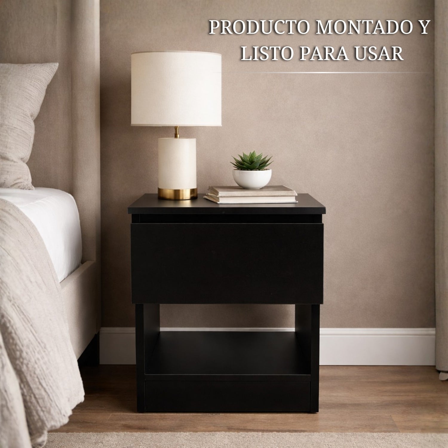 mesilla negra con compartimento oculto junto a la cama con estilo elegante y espacio secreto para objetos de valor