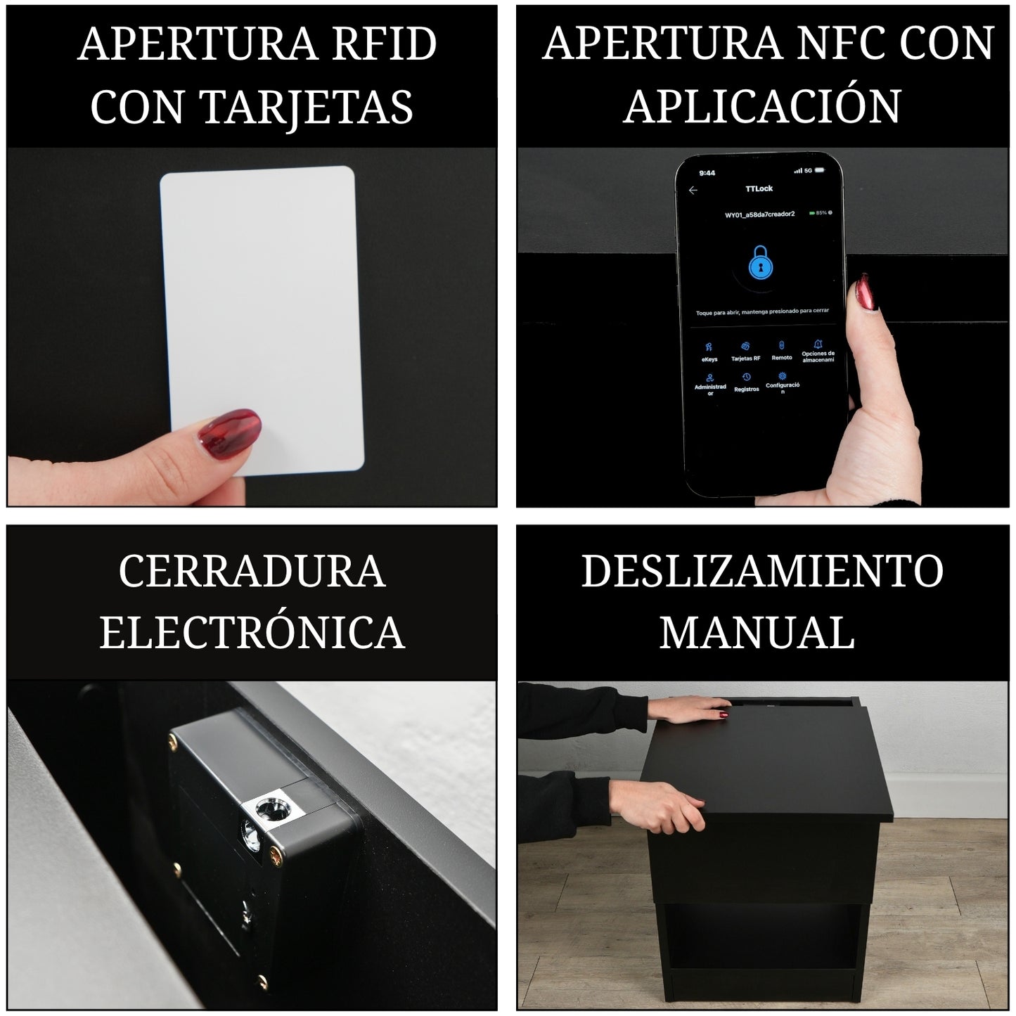 mesita de noche con compartimento secreto con apertura RFID tarjeta NFC aplicación móvil cerradura electrónica y sistema de deslizamiento manual