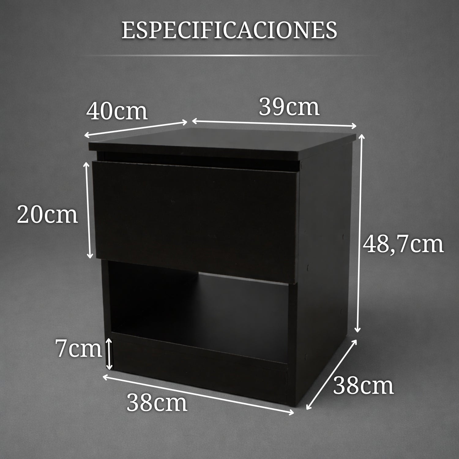 mesita de noche negra con compartimento secreto con dimensiones 40 por 39 por 48 centimetros y diseño compacto funcional