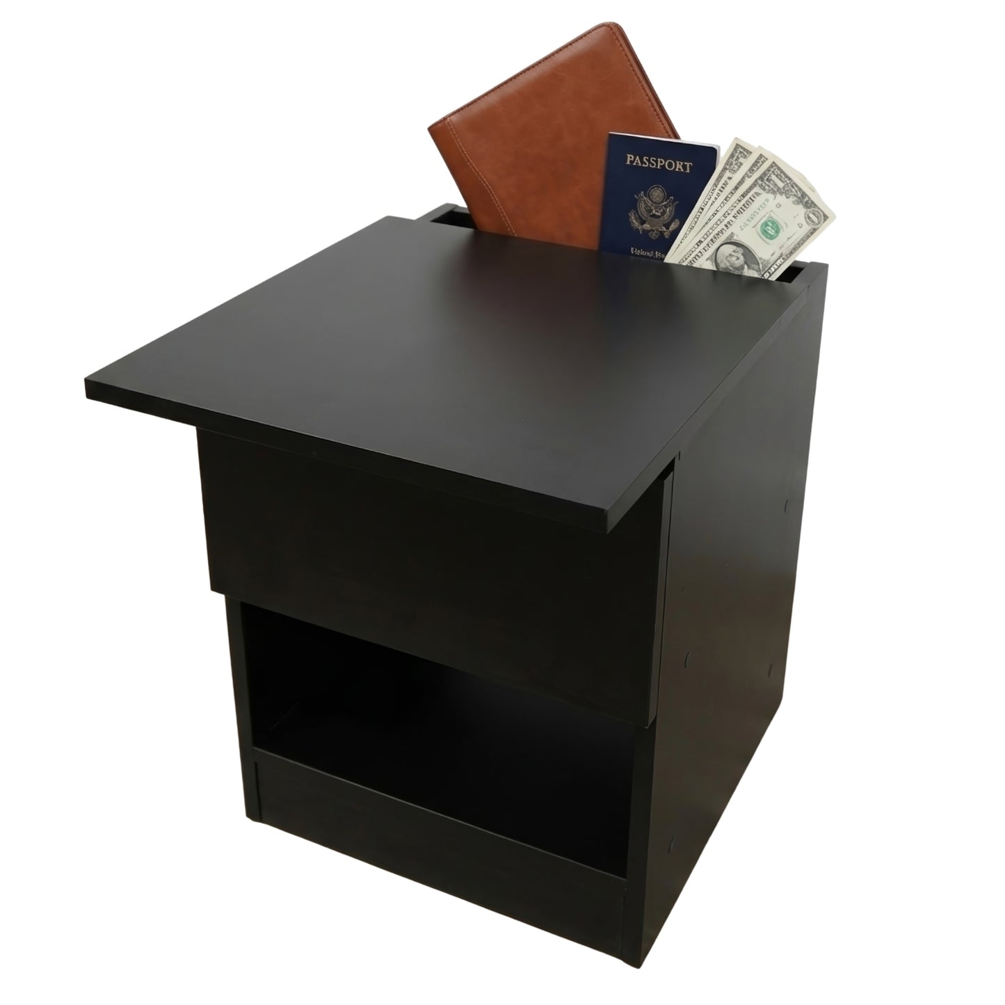 mesita de noche negra con compartimento secreto superior para guardar dinero documentos y objetos de valor de forma discreta
