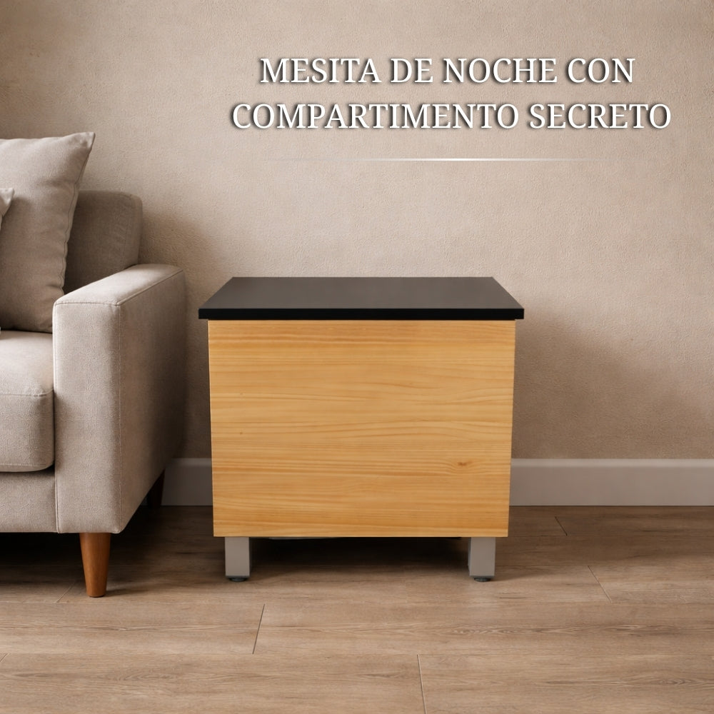 mesita de noche con compartimento secreto vista frontal en un dormitorio con diseño minimalista y moderno