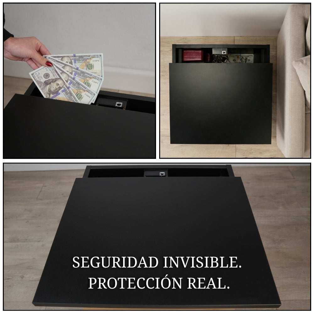 collage de mesita de noche con compartimento secreto mostrando cómo guardar dinero y objetos de valor y vista del interior oculto