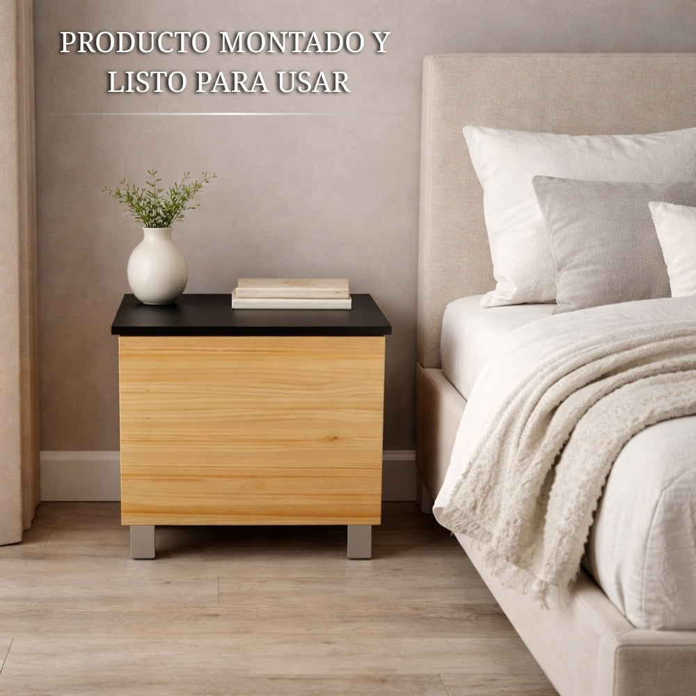 mesita de noche con compartimento secreto montada y lista para usar junto a la cama en dormitorio moderno con decoración minimalista