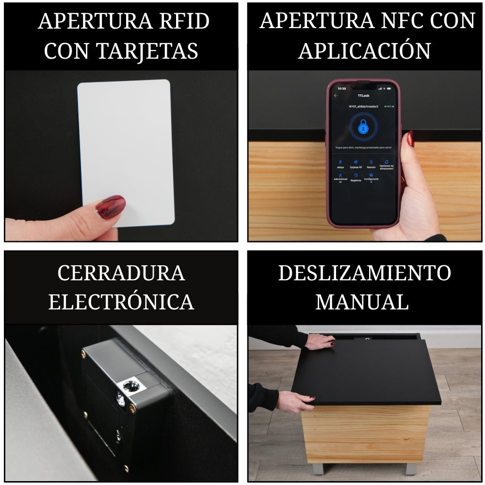 collage de mesita de noche con compartimento secreto mostrando sistema de apertura con tarjeta RFID, aplicación NFC, cerradura electrónica y deslizamiento manual