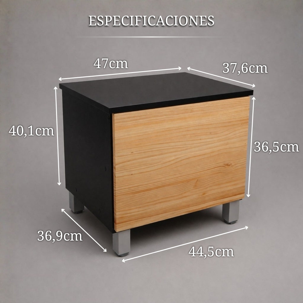 mesita de noche con compartimento oculto mostrando medidas y dimensiones del mueble auxiliar de dormitorio con almacenamiento secreto