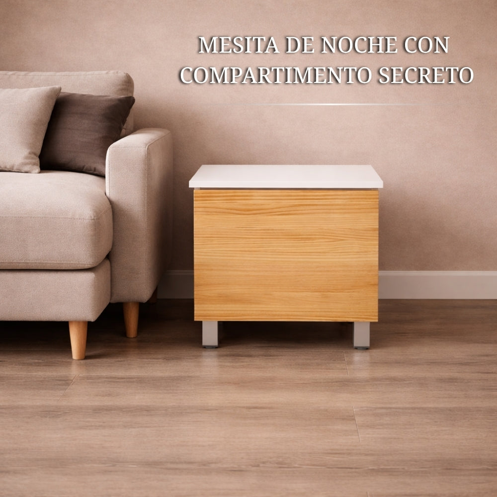 mesita de noche con compartimento secreto diseño moderno en blanco y madera como mueble auxiliar de dormitorio con almacenamiento oculto