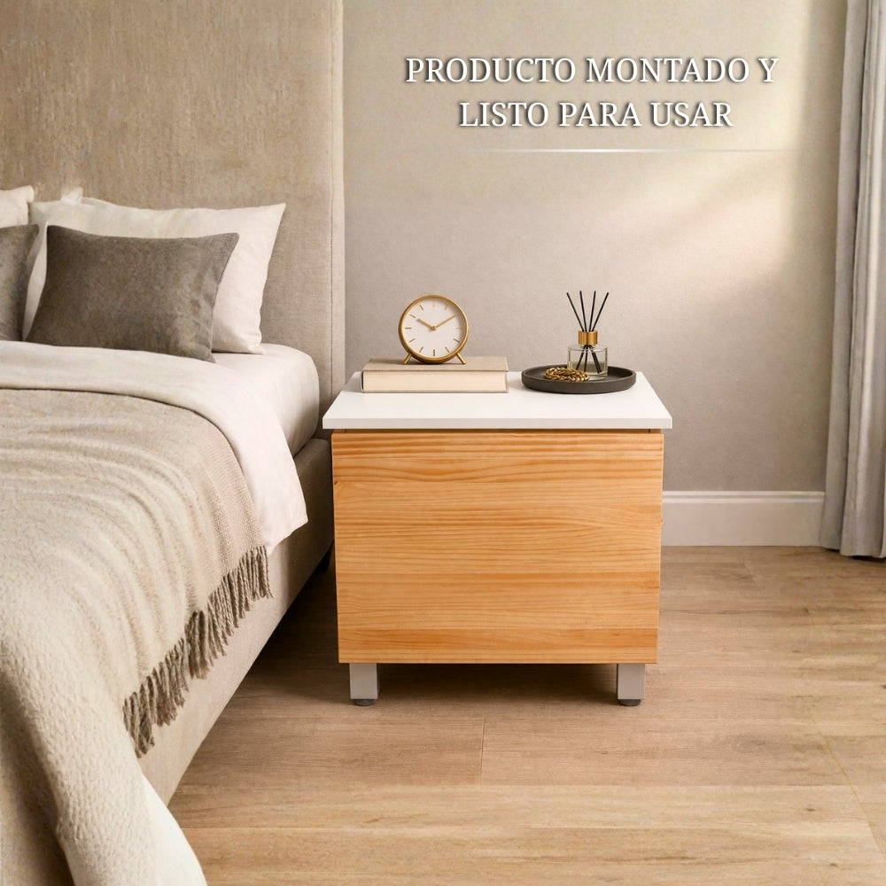 mesita de noche con compartimento oculto montada y lista para usar en dormitorio con reloj, libros y decoración moderna