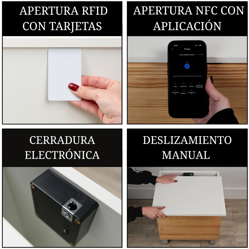 collage de mesita de noche con compartimento secreto mostrando sistema de apertura con tarjeta RFID, aplicación NFC, cerradura electrónica y apertura manual