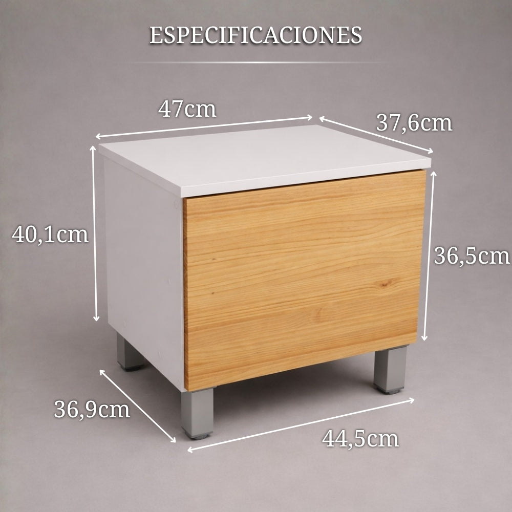 mesita de noche con compartimento secreto mostrando medidas y dimensiones del mueble auxiliar de dormitorio con almacenamiento oculto