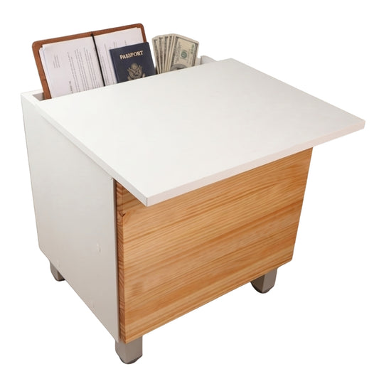 mesita de noche con compartimento secreto en color blanco y madera mostrando almacenamiento oculto con cartera, pasaporte y dinero