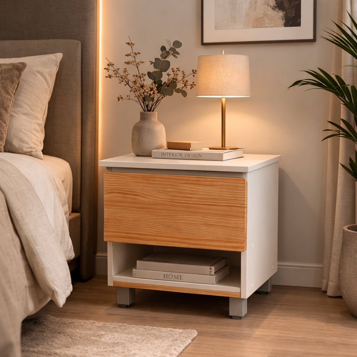 mesita de noche blanca con compartimento secreto colocada junto a la cama con lámpara y decoración en dormitorio moderno
