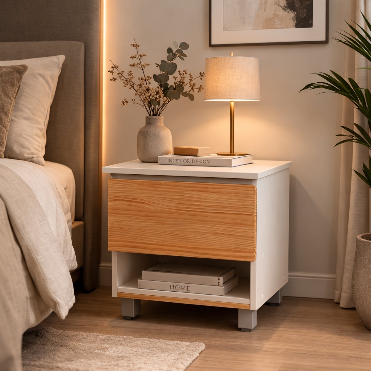 mesita de noche blanca con compartimento secreto colocada junto a la cama con lámpara y decoración en dormitorio moderno