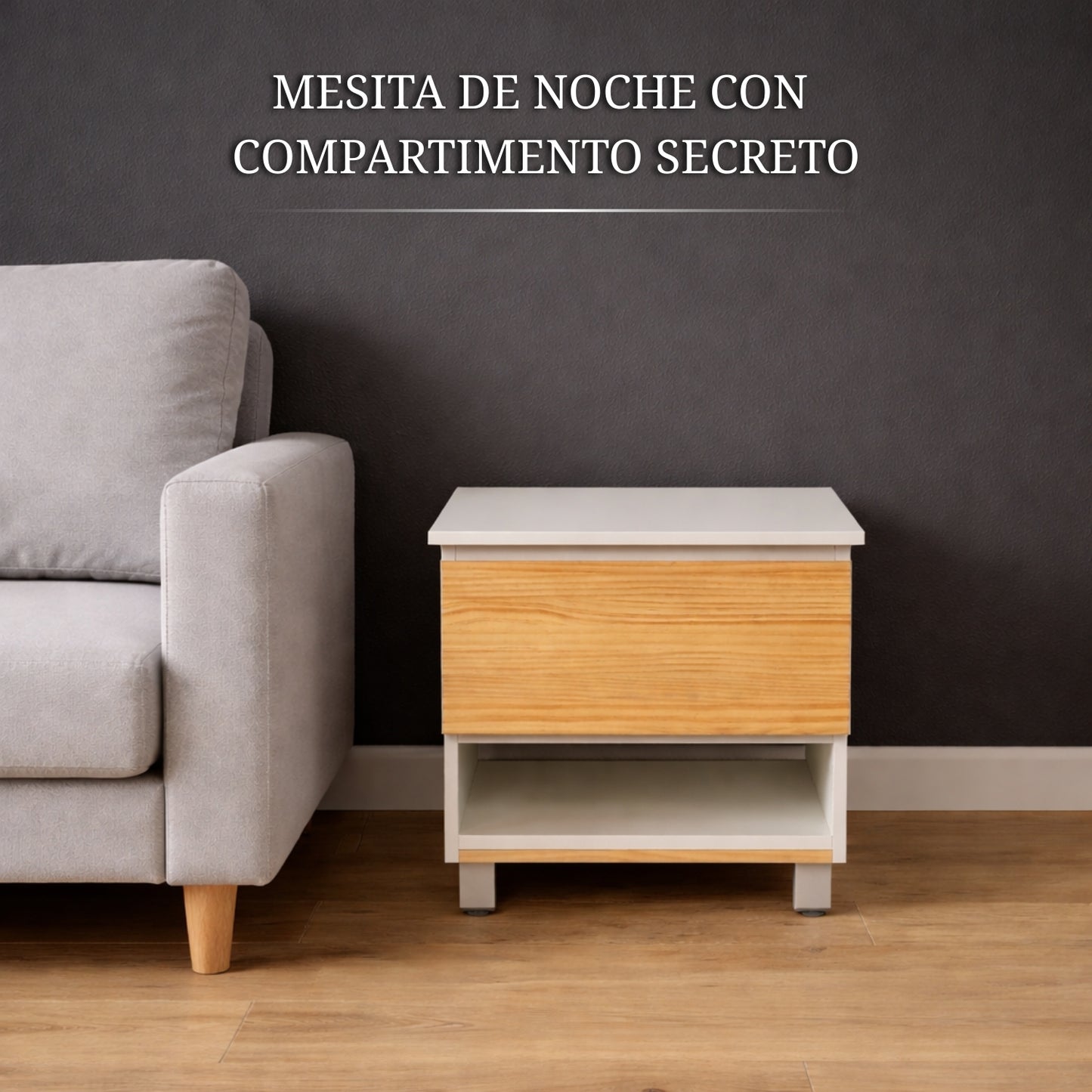 mesita de noche blanca con compartimento secreto en dormitorio moderno con texto mesita de noche con compartimento secreto