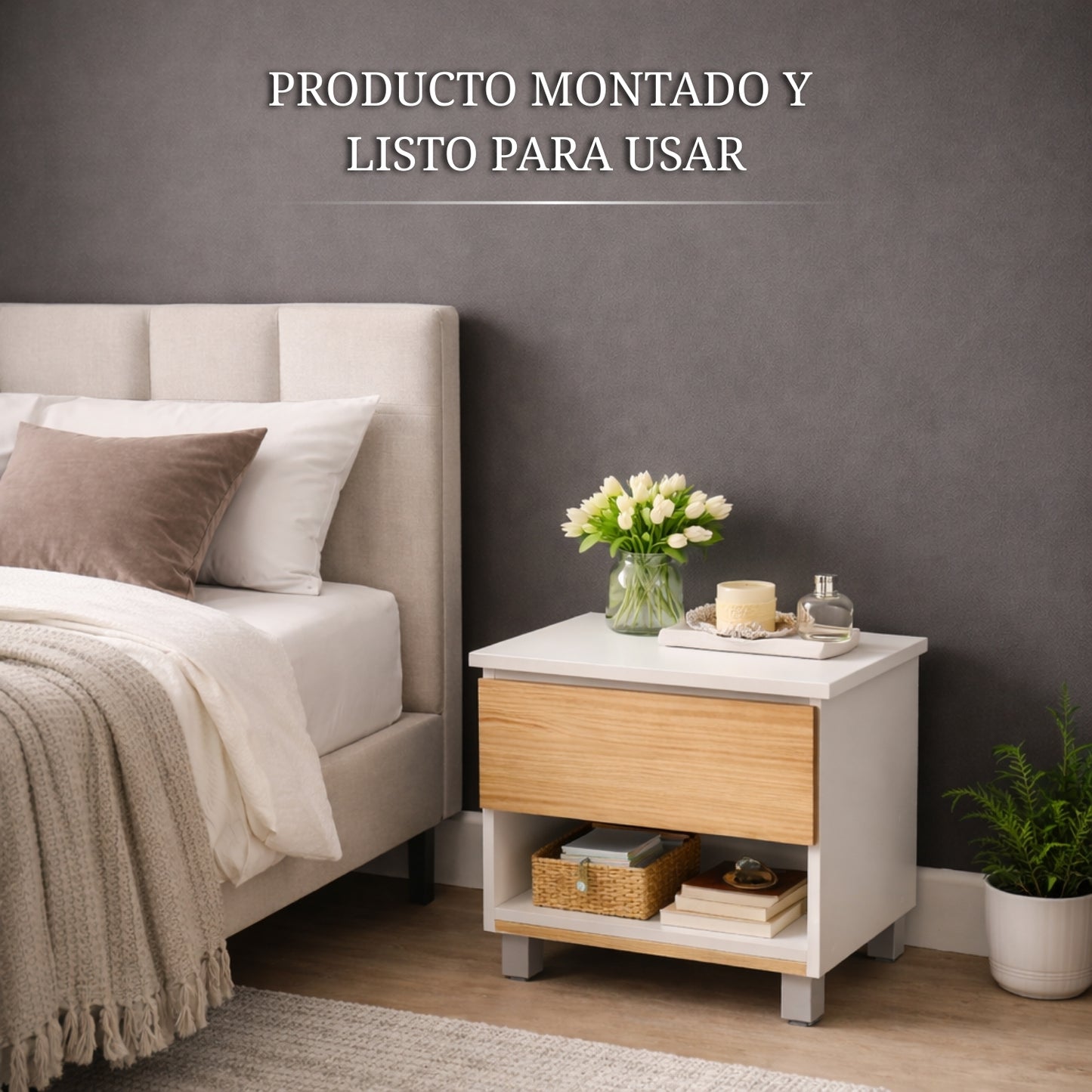 mesita de noche con compartimento secreto en dormitorio moderno con texto producto montado y listo para usar