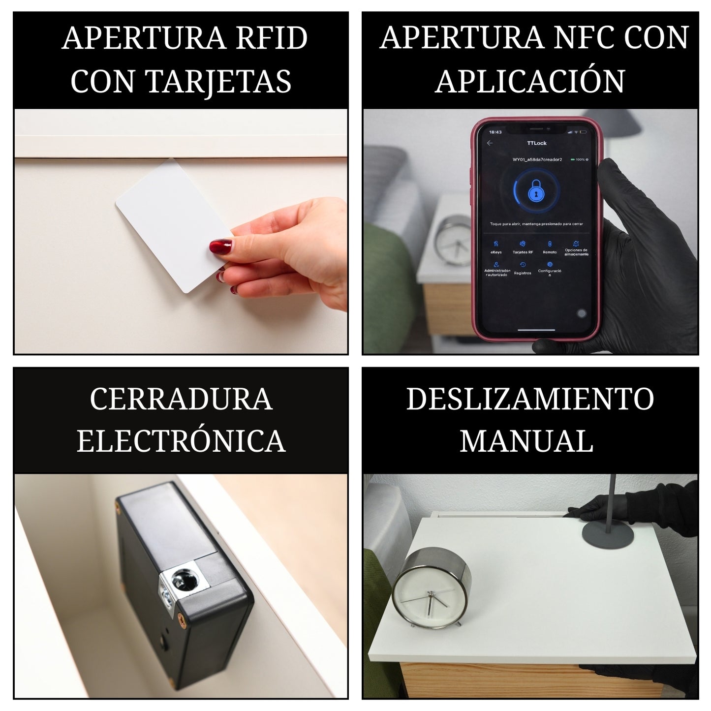 mesita de noche con compartimento secreto mostrando apertura RFID con tarjeta, control NFC con aplicación y cerradura electrónica integrada