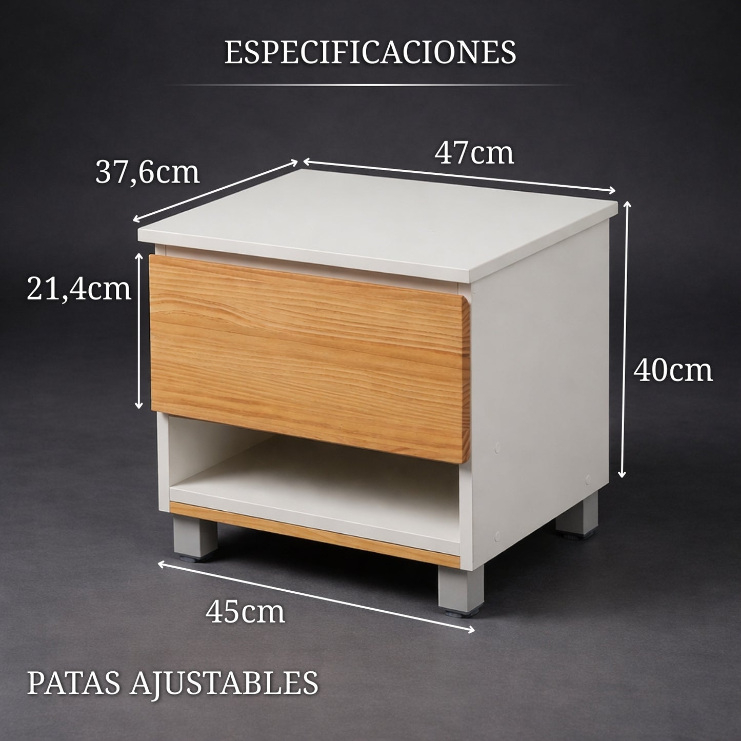 mesita de noche con compartimento secreto con medidas y dimensiones detalladas y patas ajustables