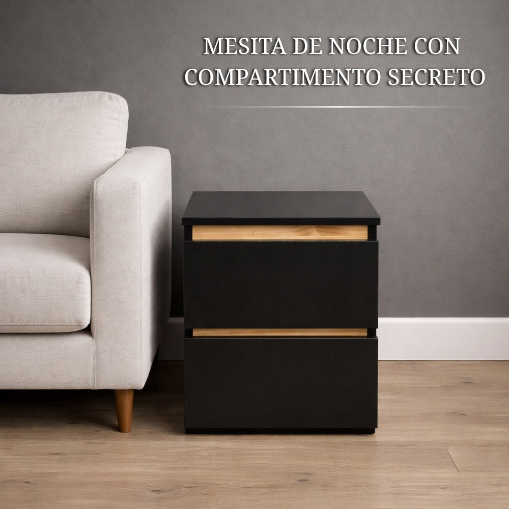 mesita de noche negra con compartimento secreto oculto colocada junto a sofá en salón moderno