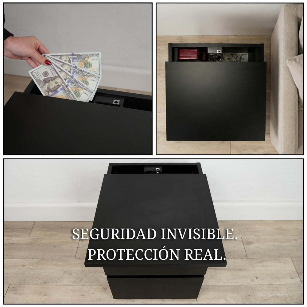 mesita de noche negra con compartimento secreto mostrando apertura del cajón oculto y almacenamiento seguro de dinero y objetos de valor con sistema invisible