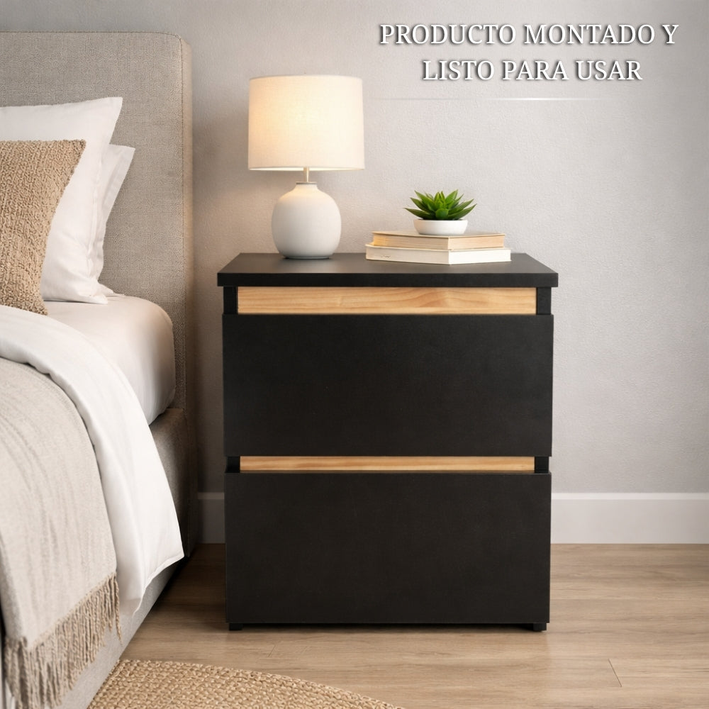 mesita de noche negra con compartimento secreto en dormitorio moderno con lámpara y decoración elegante lista para usar