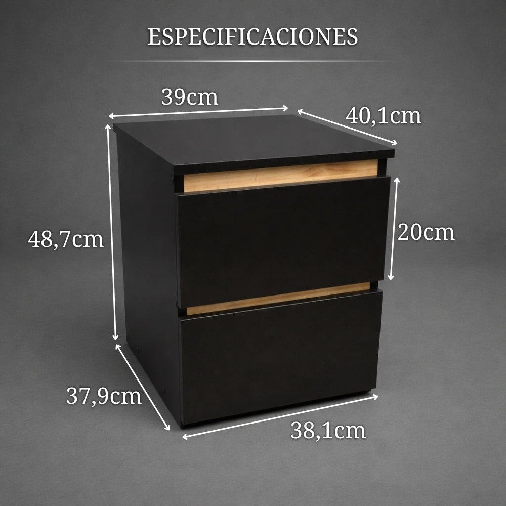 mesita de noche negra con compartimento secreto con medidas 48,7 cm alto, 40,1 cm ancho, 37,9 cm fondo y diseño compacto funcional para dormitorio