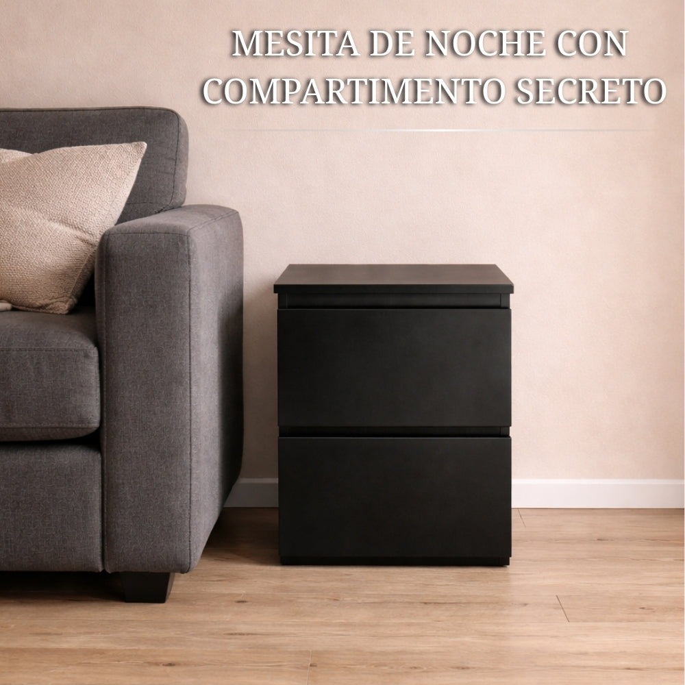 mesita de noche negra con compartimento secreto oculto colocada junto a sofá en salón moderno
