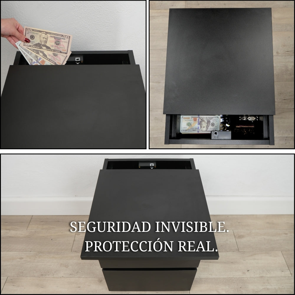 mesita de noche negra con compartimento secreto mostrando apertura del cajón oculto y almacenamiento seguro de dinero y objetos de valor