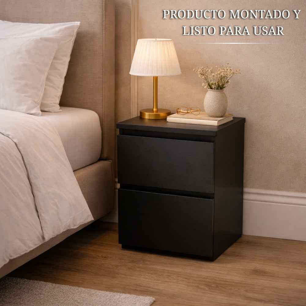mesita de noche negra moderna con compartimento secreto junto a cama, producto montado listo para usar en dormitorio