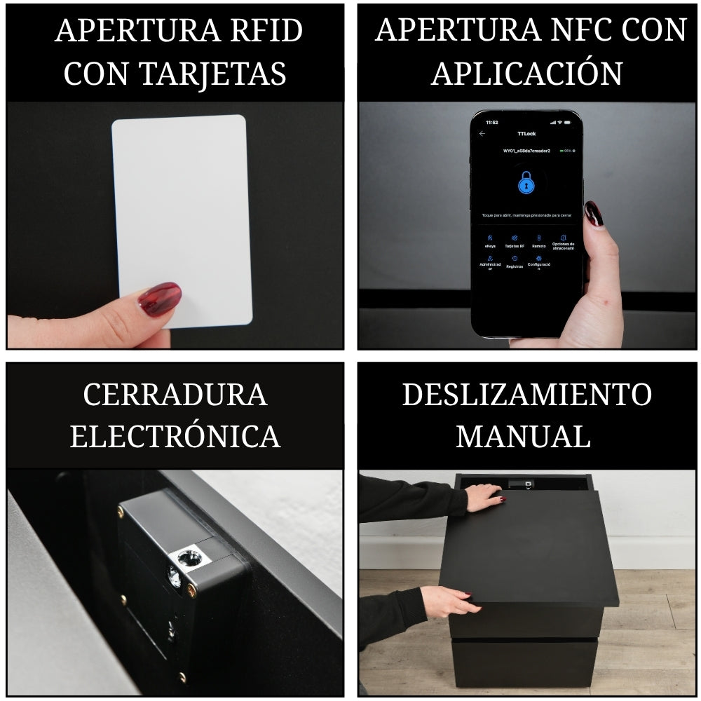 mesita de noche negra con compartimento secreto y apertura mediante RFID, NFC con app, cerradura electrónica y sistema de deslizamiento manual