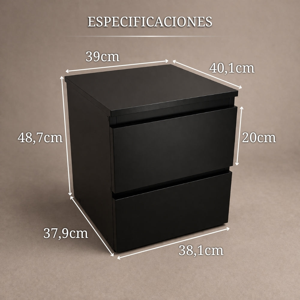 mesita de noche negra con compartimento secreto medidas y especificaciones con dimensiones detalladas y patas ajustables