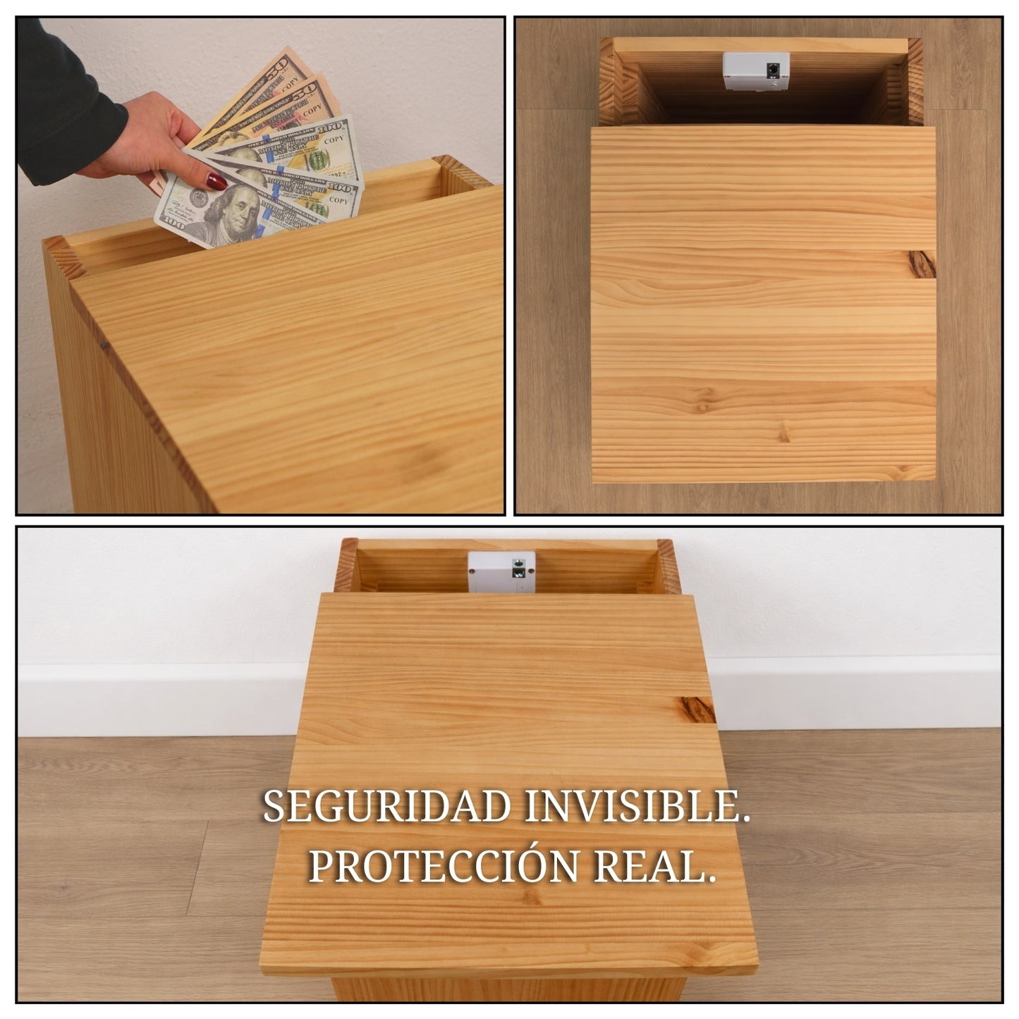 Compartimento secreto en mesita de noche de madera con almacenamiento seguro