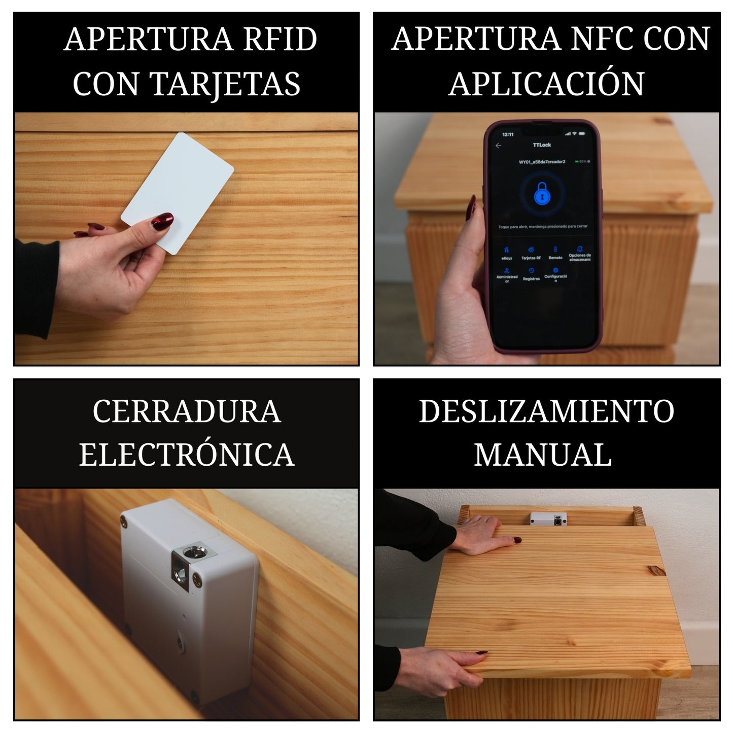 Mesita de noche con apertura RFID, NFC y cerradura electrónica oculta