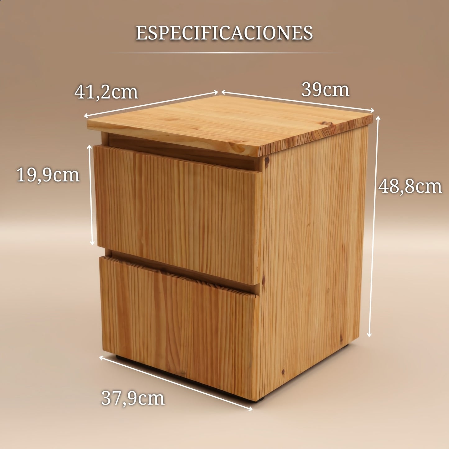 Mesita de noche de madera con medidas y especificaciones del producto