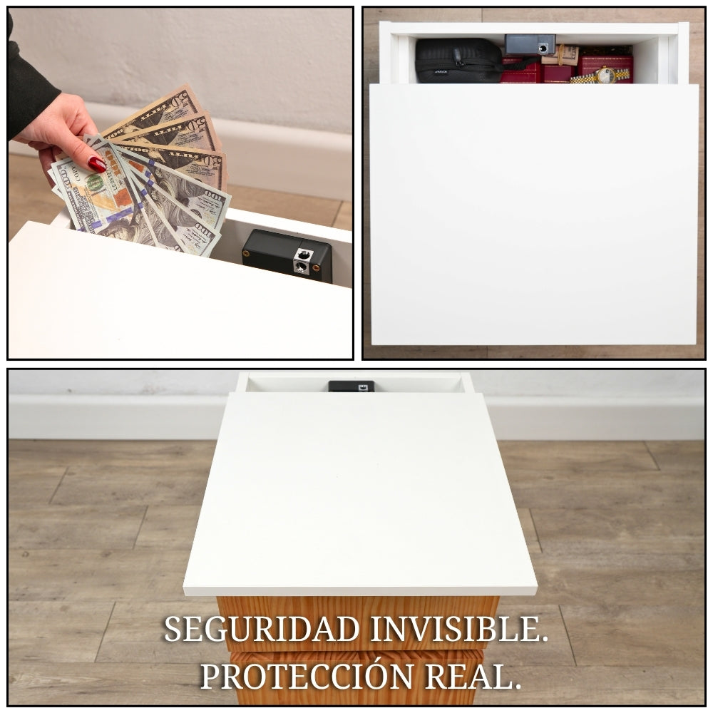 Mesita con compartimento oculto mostrando espacio interior para guardar objetos de valor
