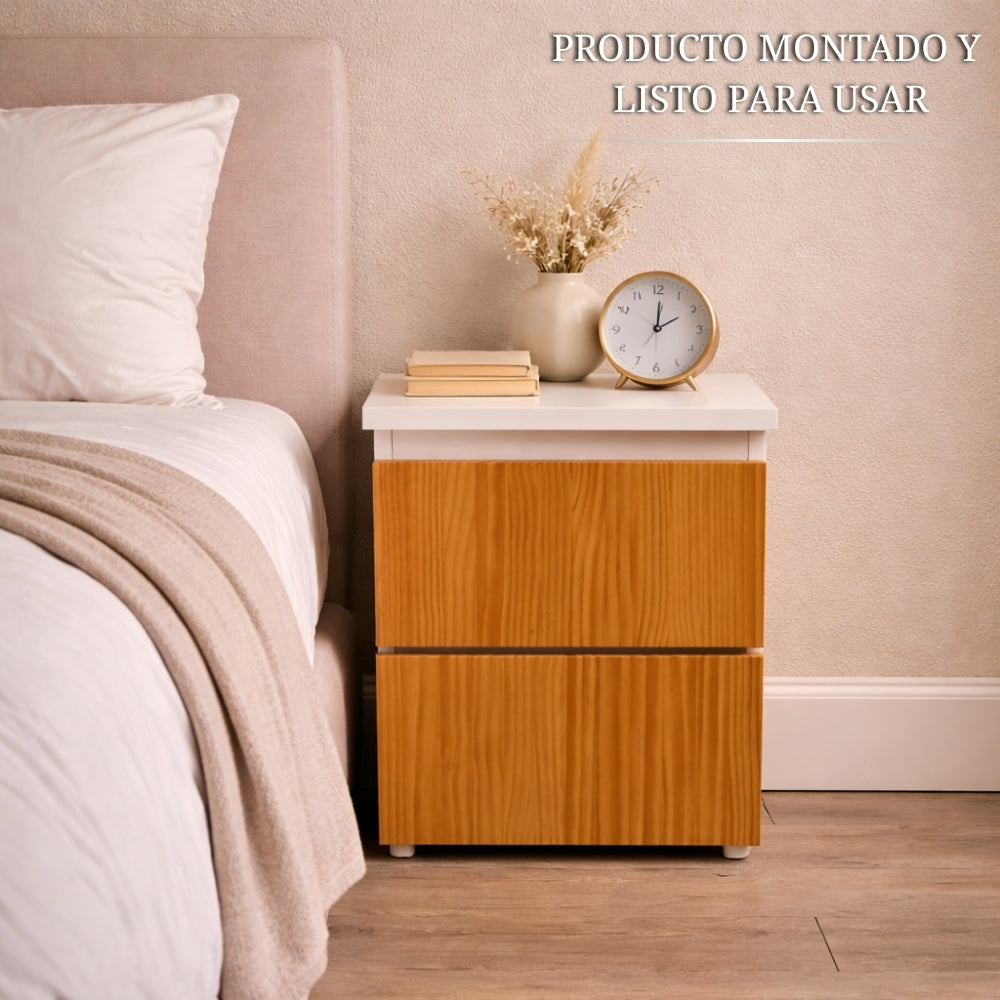 Mesita de noche blanca y madera con compartimento secreto totalmente montada en dormitorio