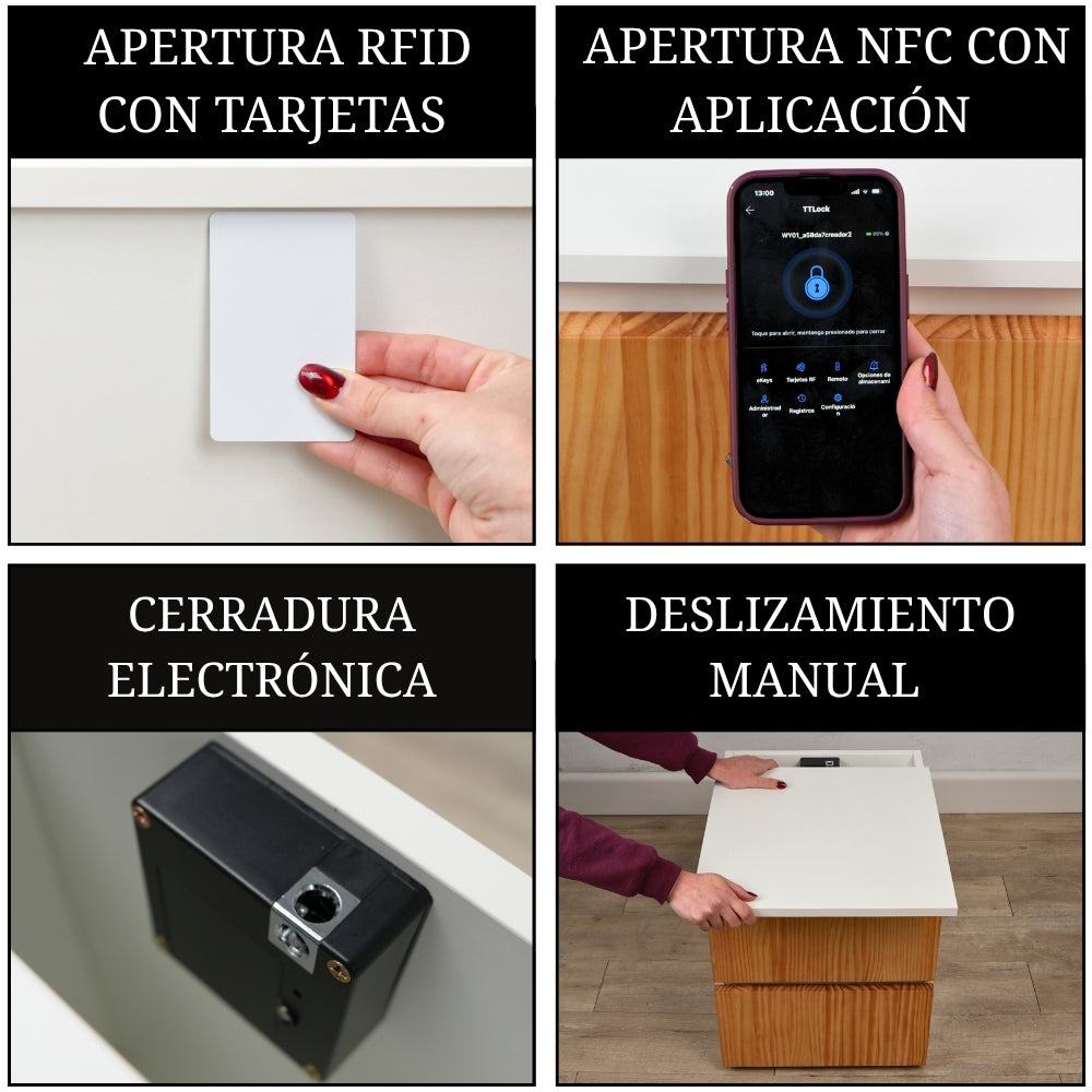 Sistema de apertura RFID y NFC en mesita con compartimento secreto y cerradura electrónica