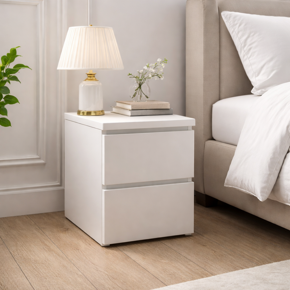 Mesita de noche blanca moderna con cajones junto a cama