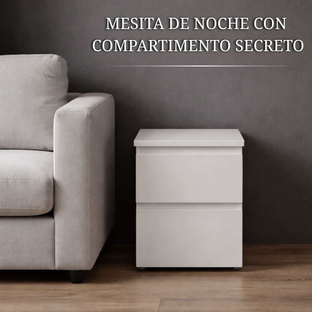 Mesita de noche con compartimento secreto integrada en dormitorio