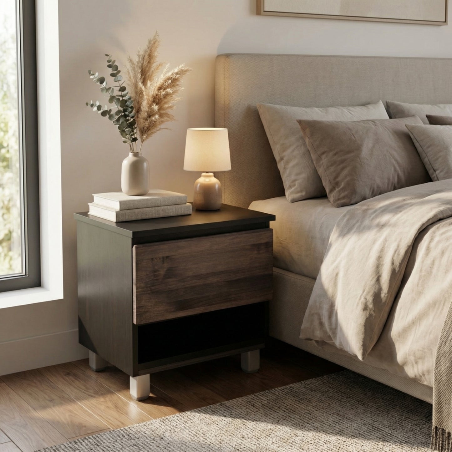 mesita de noche con compartimento secreto integrada en dormitorio con diseño moderno y almacenamiento oculto seguro