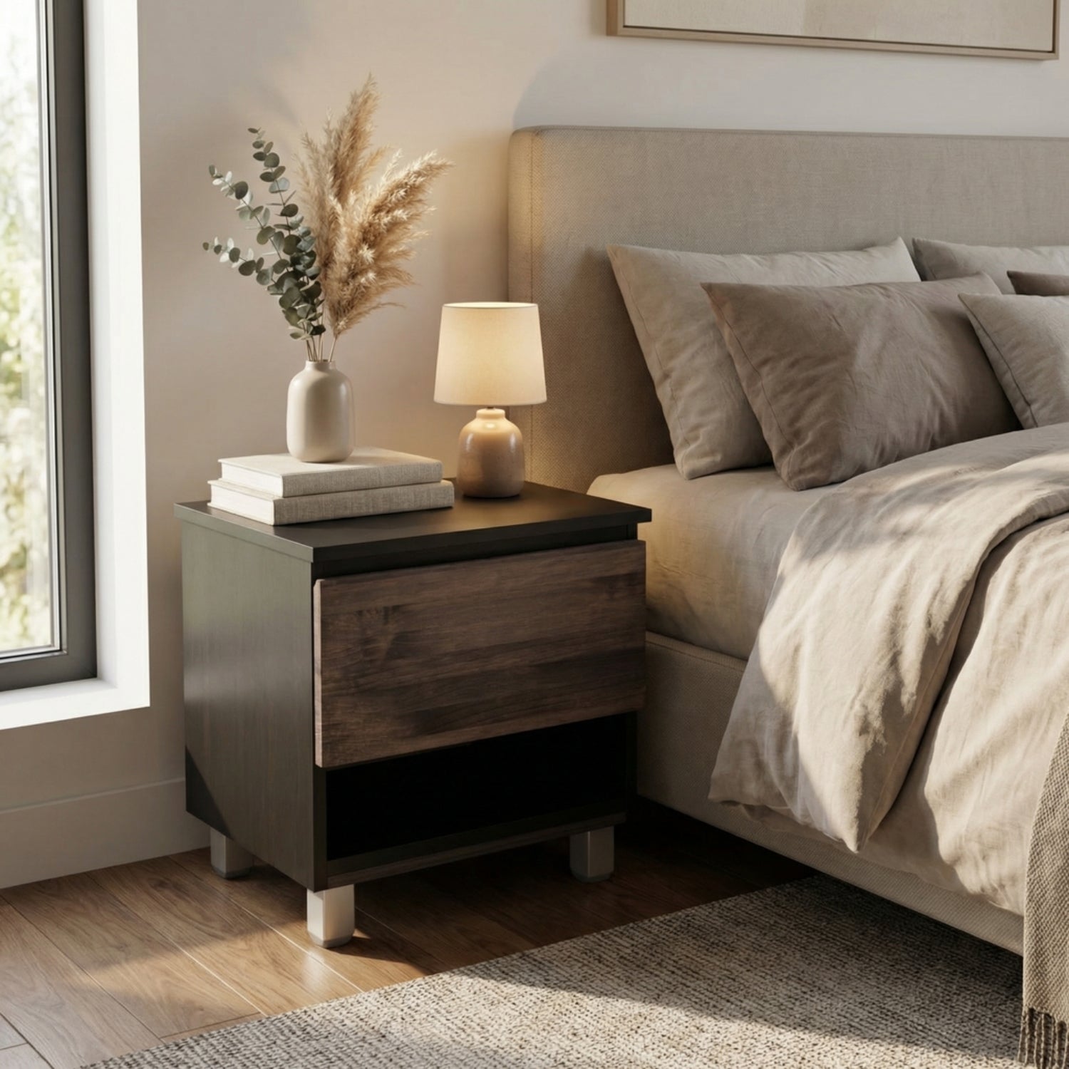 mesita de noche con compartimento secreto integrada en dormitorio con diseño moderno y almacenamiento oculto seguro