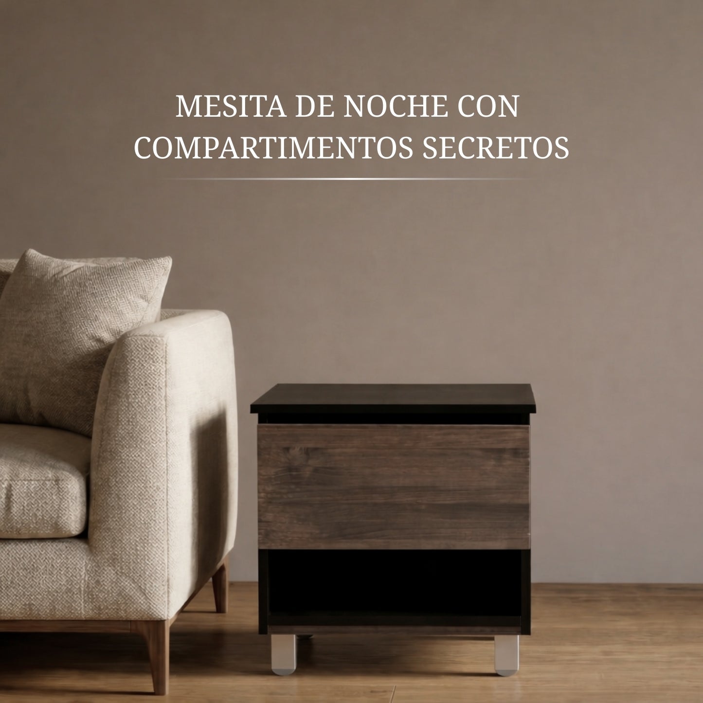 mesita de noche con compartimento secreto abierto mostrando sistema de ocultación y almacenamiento seguro para dinero y pertenencias