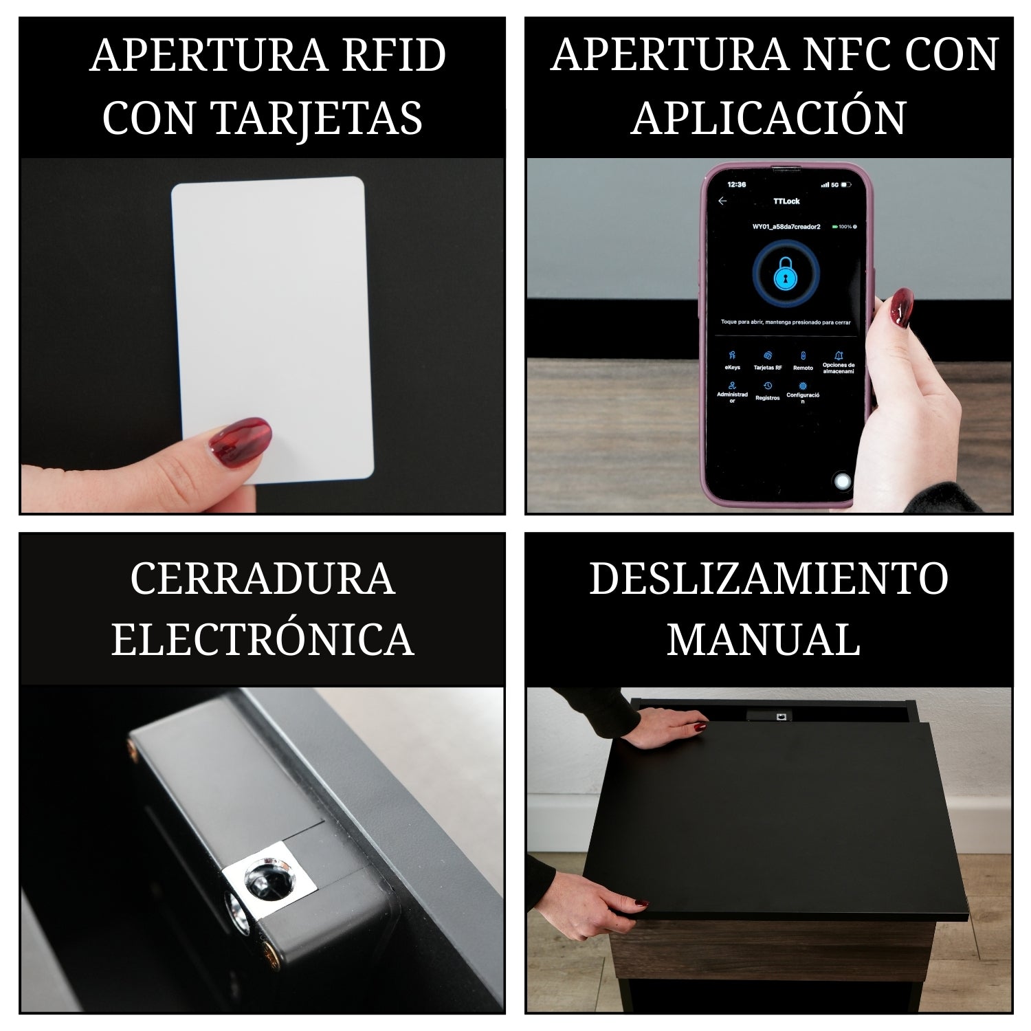 mesita de noche con compartimento secreto con apertura RFID NFC mediante tarjeta o móvil y sistema de deslizamiento manual oculto