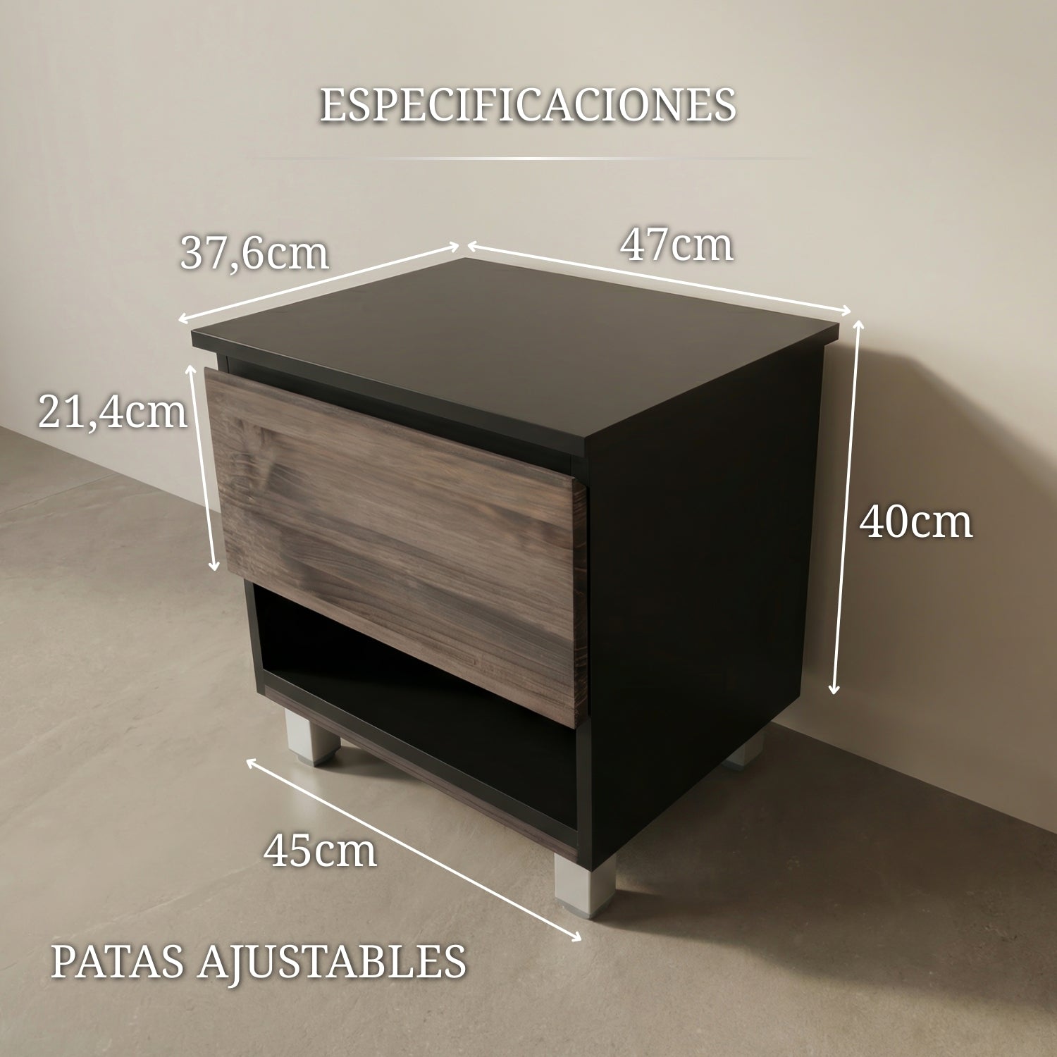 mesita de noche con compartimento secreto con dimensiones 47 cm ancho 40 cm alto 37,6 cm fondo y patas ajustables