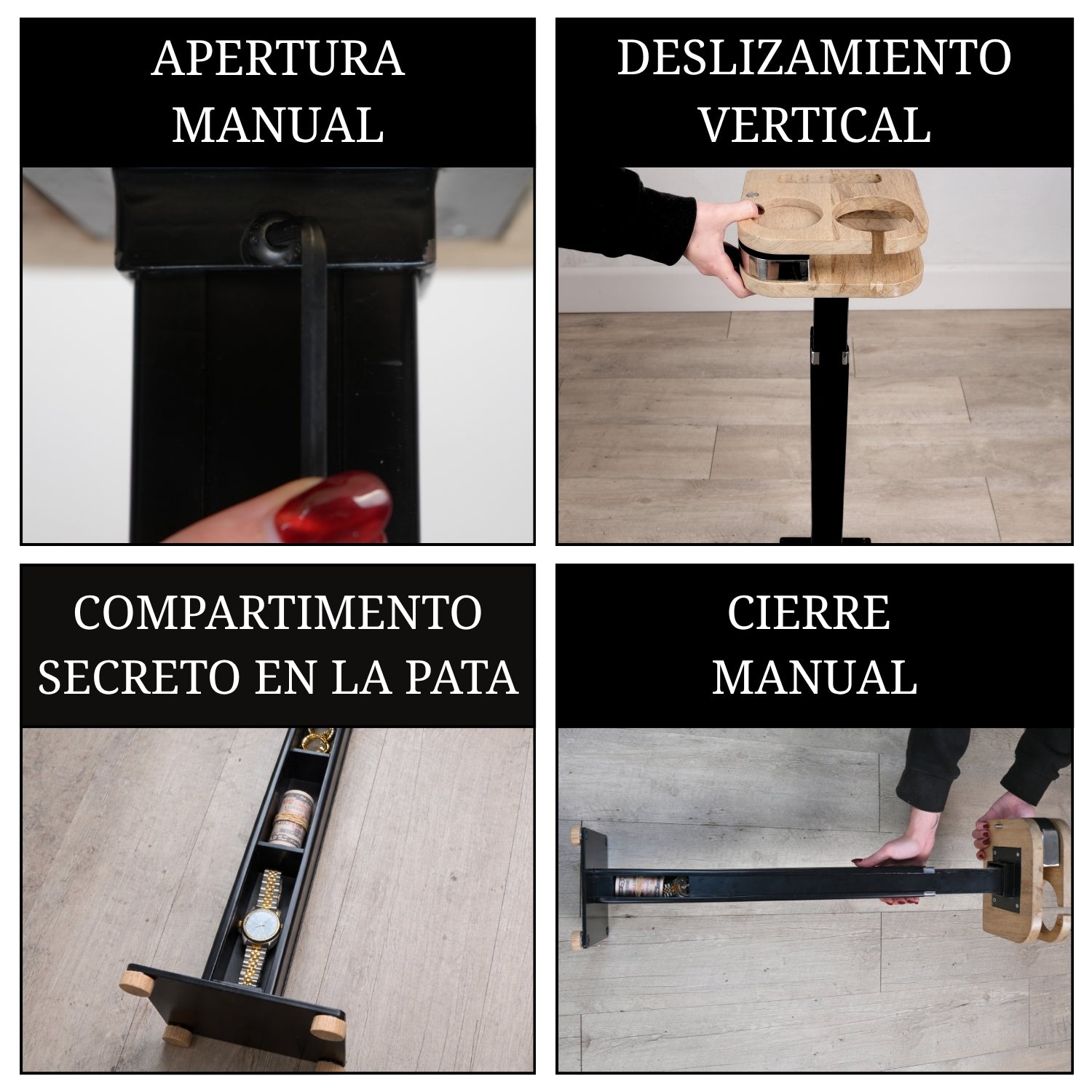 Sistema de apertura manual con deslizamiento vertical y compartimento oculto en la pata