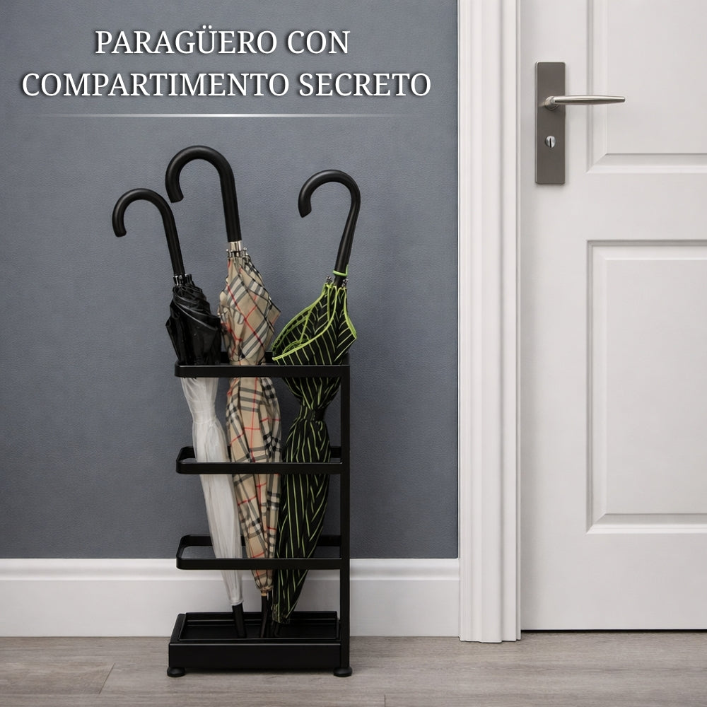 paragüero negro con compartimento secreto situado en recibidor con varios paraguas y diseño elegante y discreto