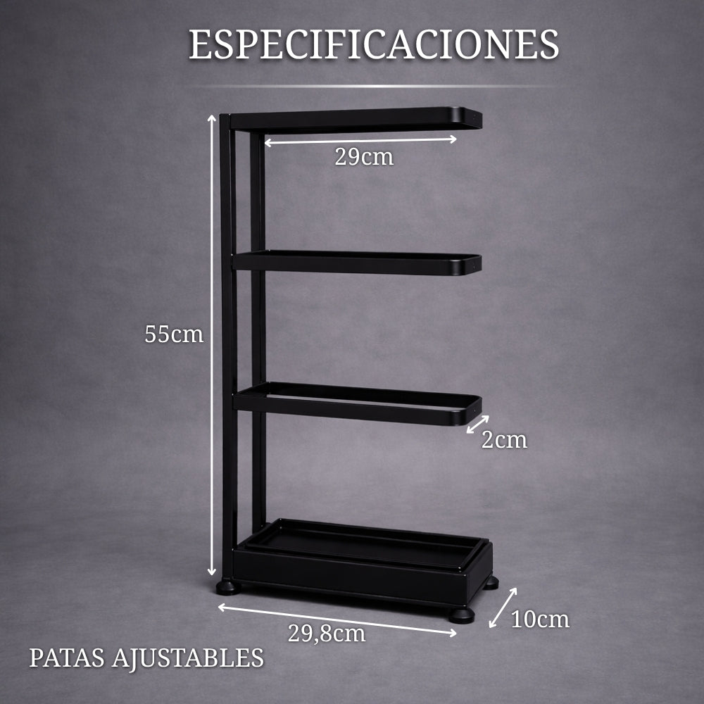 dimensiones del paragüero negro con compartimento secreto indicando altura, ancho, profundidad y patas ajustables